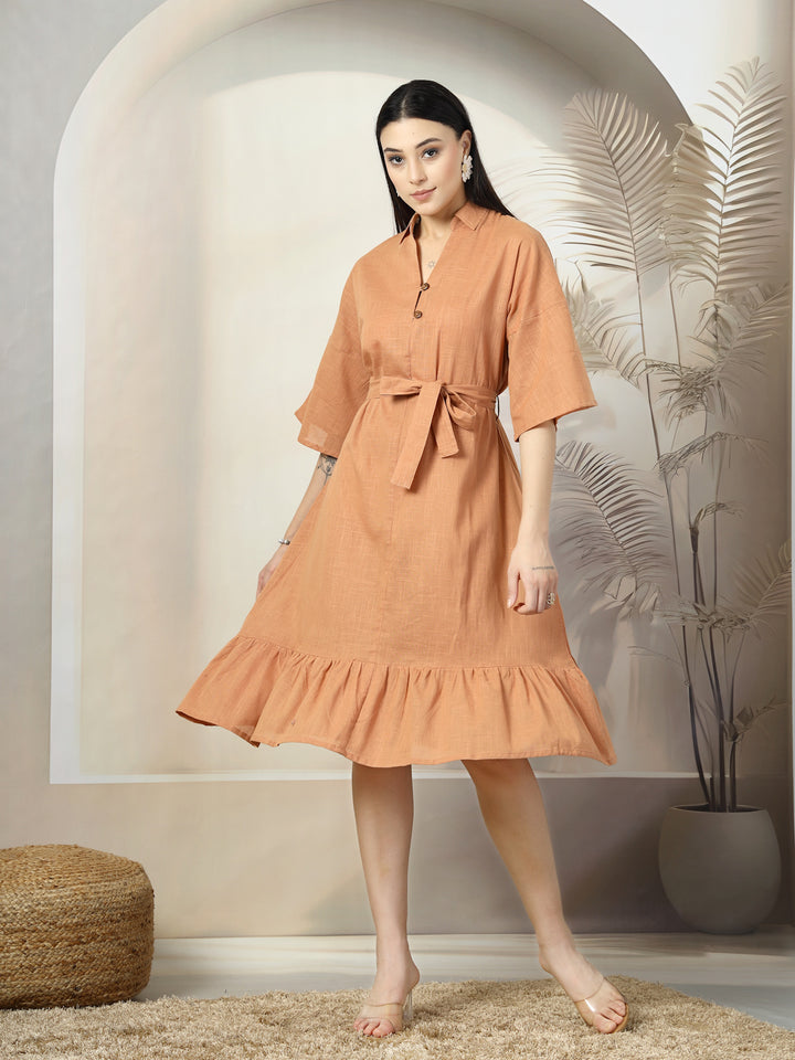 Shirt Collar Flared Sleeves Belted Cotton A-Line Dress