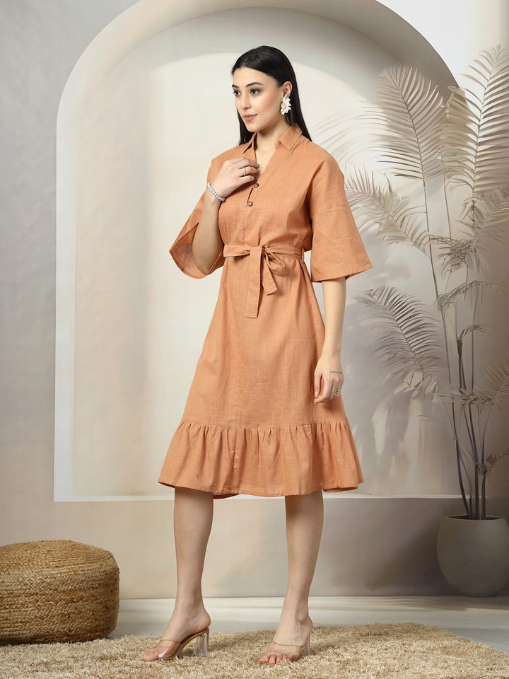 Shirt Collar Flared Sleeves Belted Cotton A-Line Dress