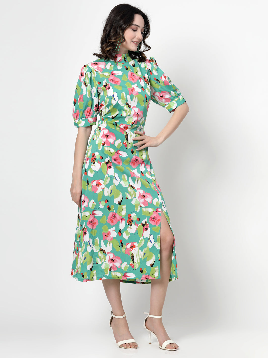 Floral Print Puff Sleeve Shirt Midi Dress