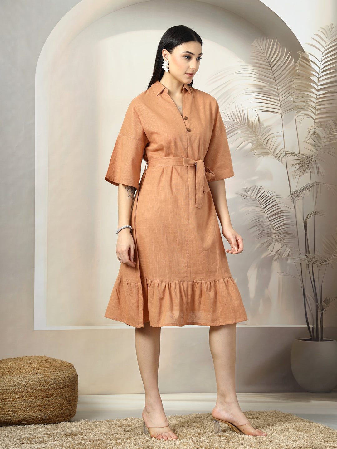 Shirt Collar Flared Sleeves Belted Cotton A-Line Dress