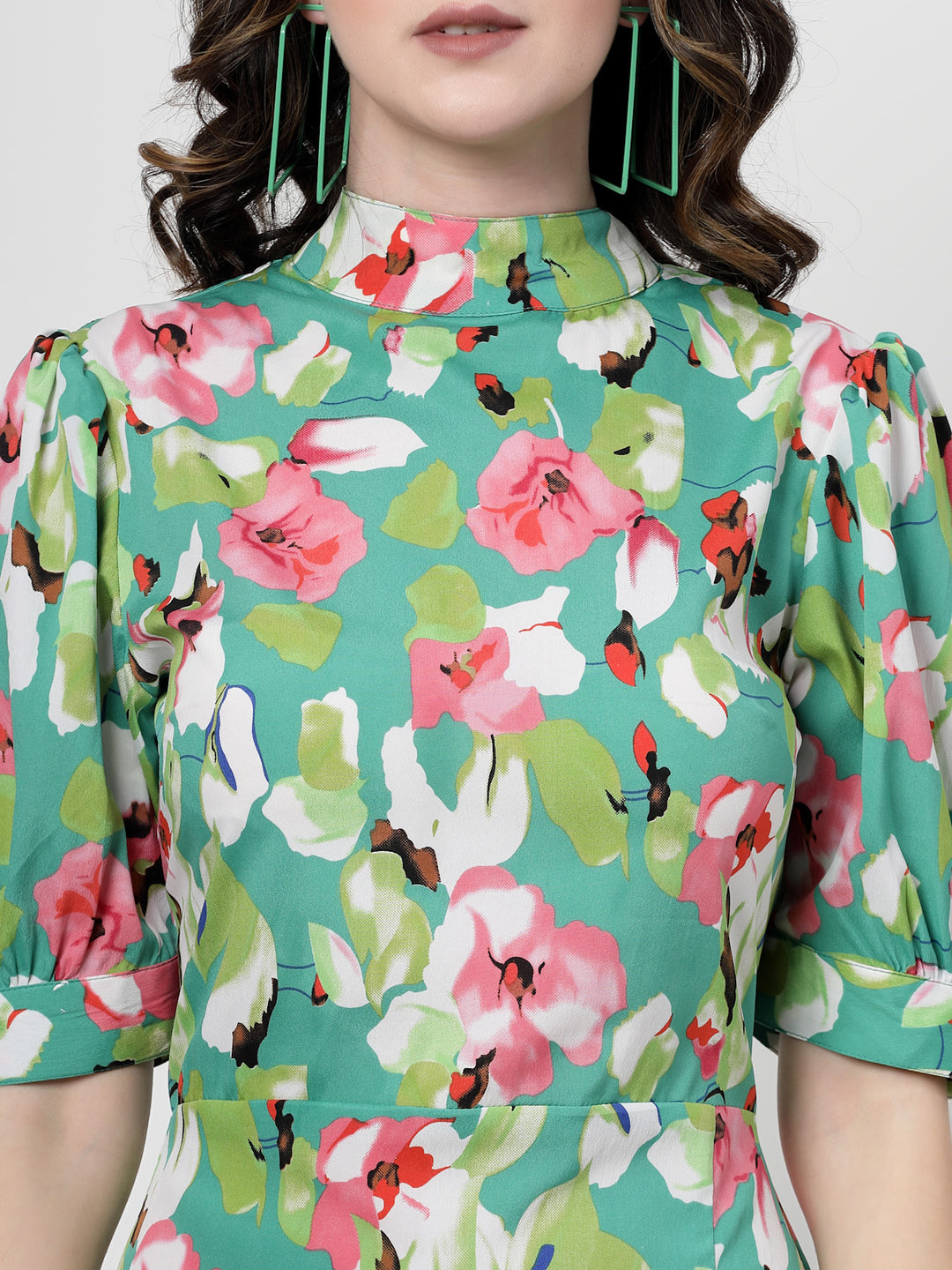 Floral Print Puff Sleeve Shirt Midi Dress