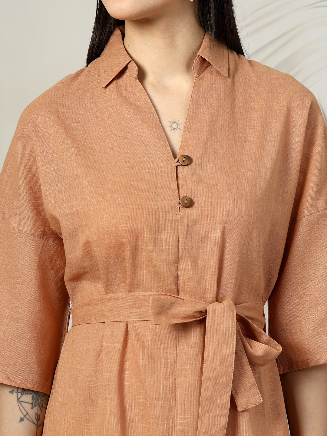 Shirt Collar Flared Sleeves Belted Cotton A-Line Dress