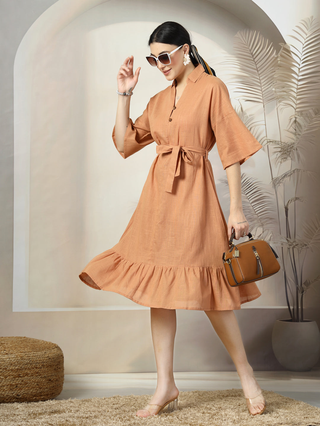 Shirt Collar Flared Sleeves Belted Cotton A-Line Dress