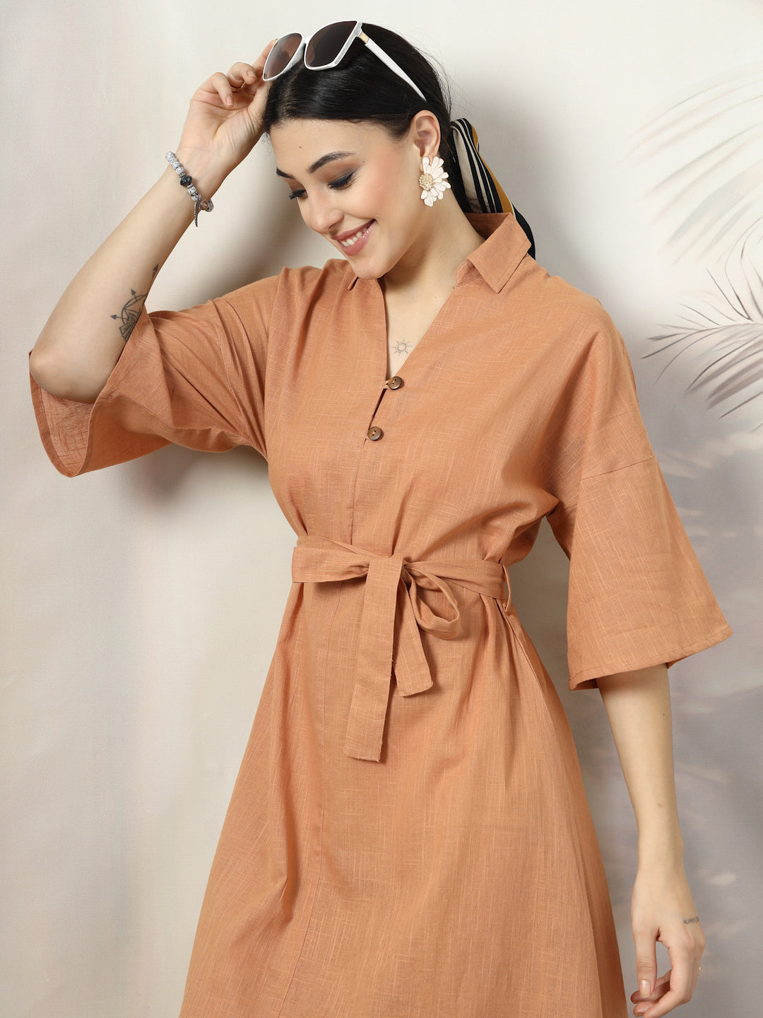 Shirt Collar Flared Sleeves Belted Cotton A-Line Dress