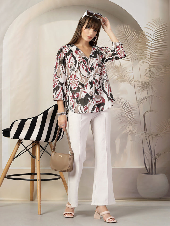 Tropical Print Kimono Sleeve Cotton Wrap Top