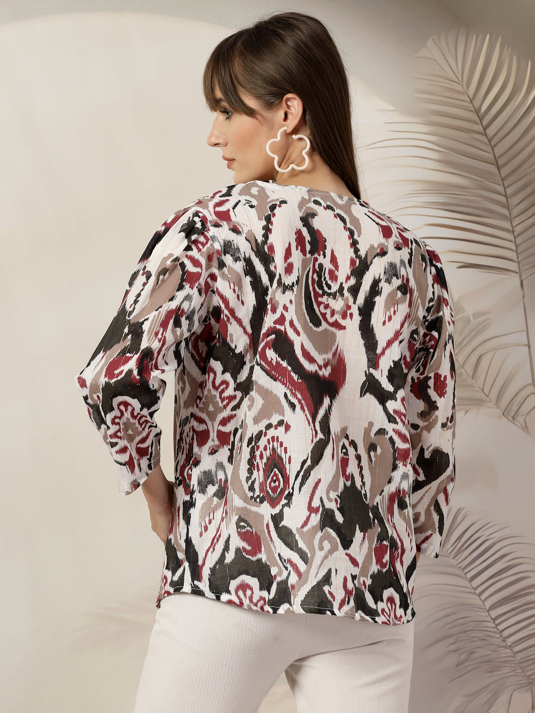 Tropical Print Kimono Sleeve Cotton Wrap Top