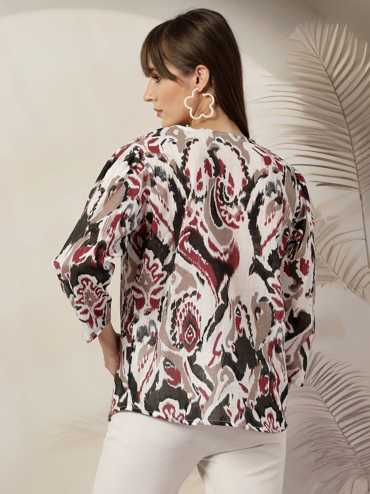 Tropical Print Kimono Sleeve Cotton Wrap Top