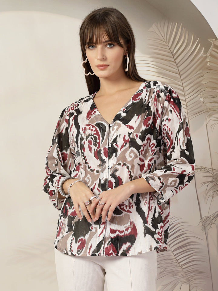 Tropical Print Kimono Sleeve Cotton Wrap Top