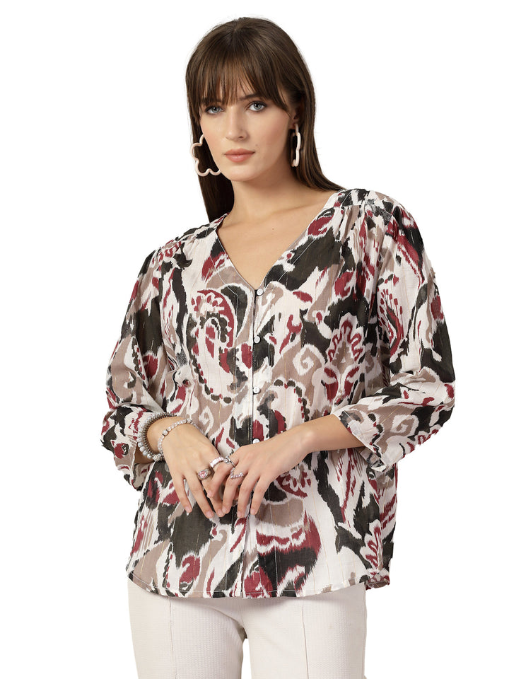 Tropical Print Kimono Sleeve Cotton Wrap Top