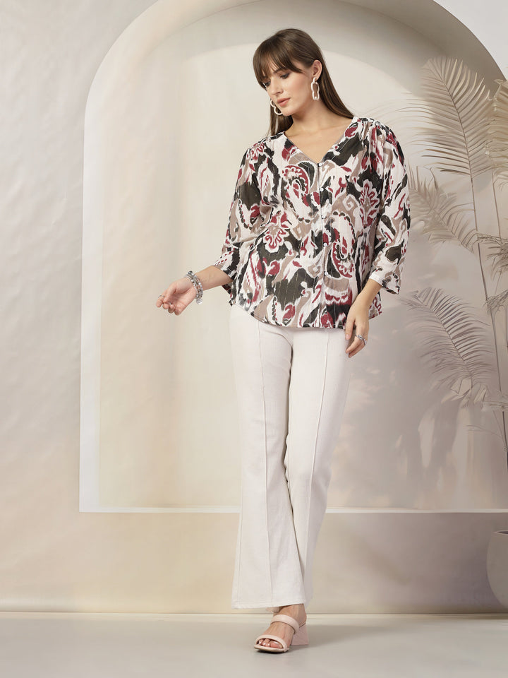 Tropical Print Kimono Sleeve Cotton Wrap Top