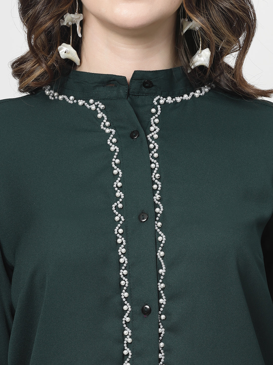 Band Collar Beads Work Casual Shirt