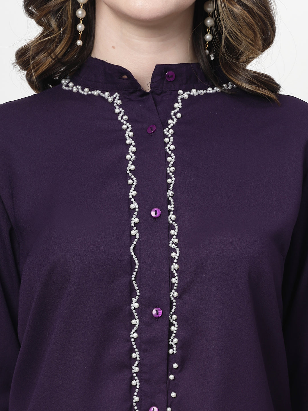 Band Collar Beads Work Casual Shirt