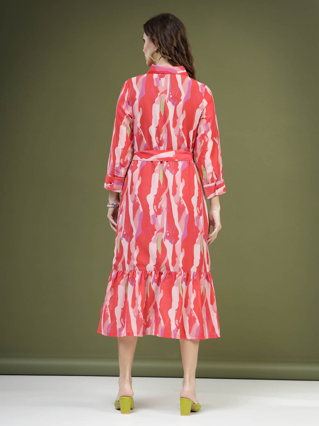 Pink Abstract Printed Shirt Midi Dress With Belt