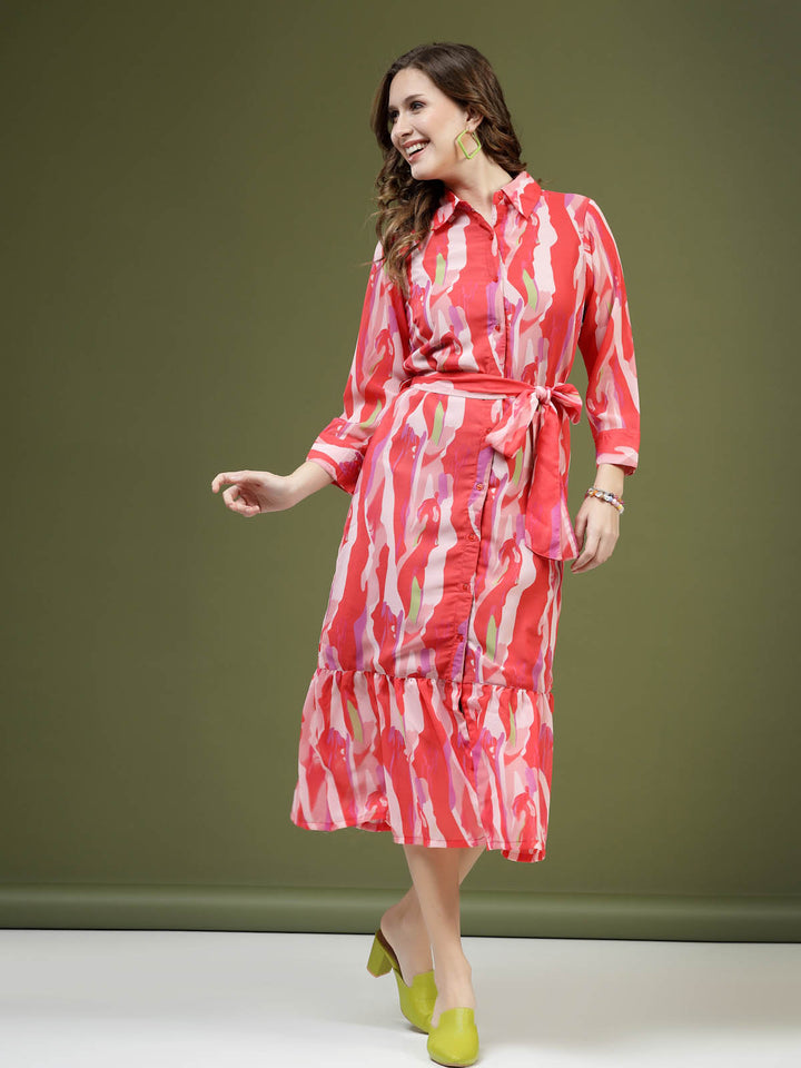 Pink Abstract Printed Shirt Midi Dress With Belt