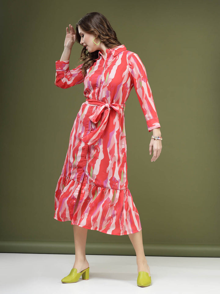 Pink Abstract Printed Shirt Midi Dress With Belt