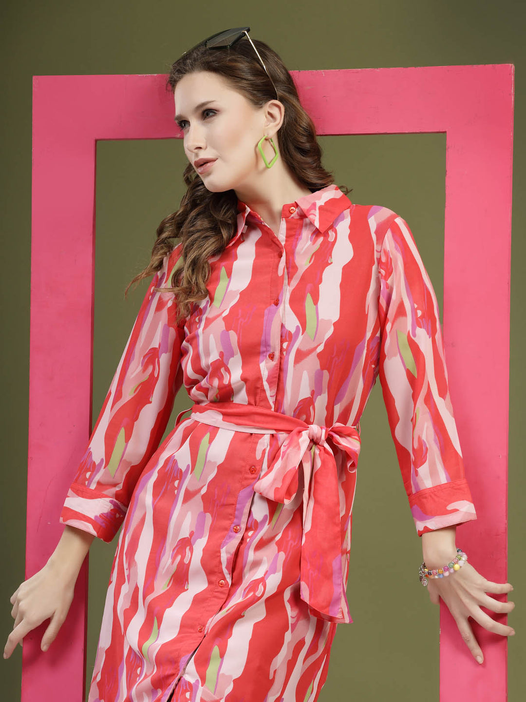 Pink Abstract Printed Shirt Midi Dress With Belt