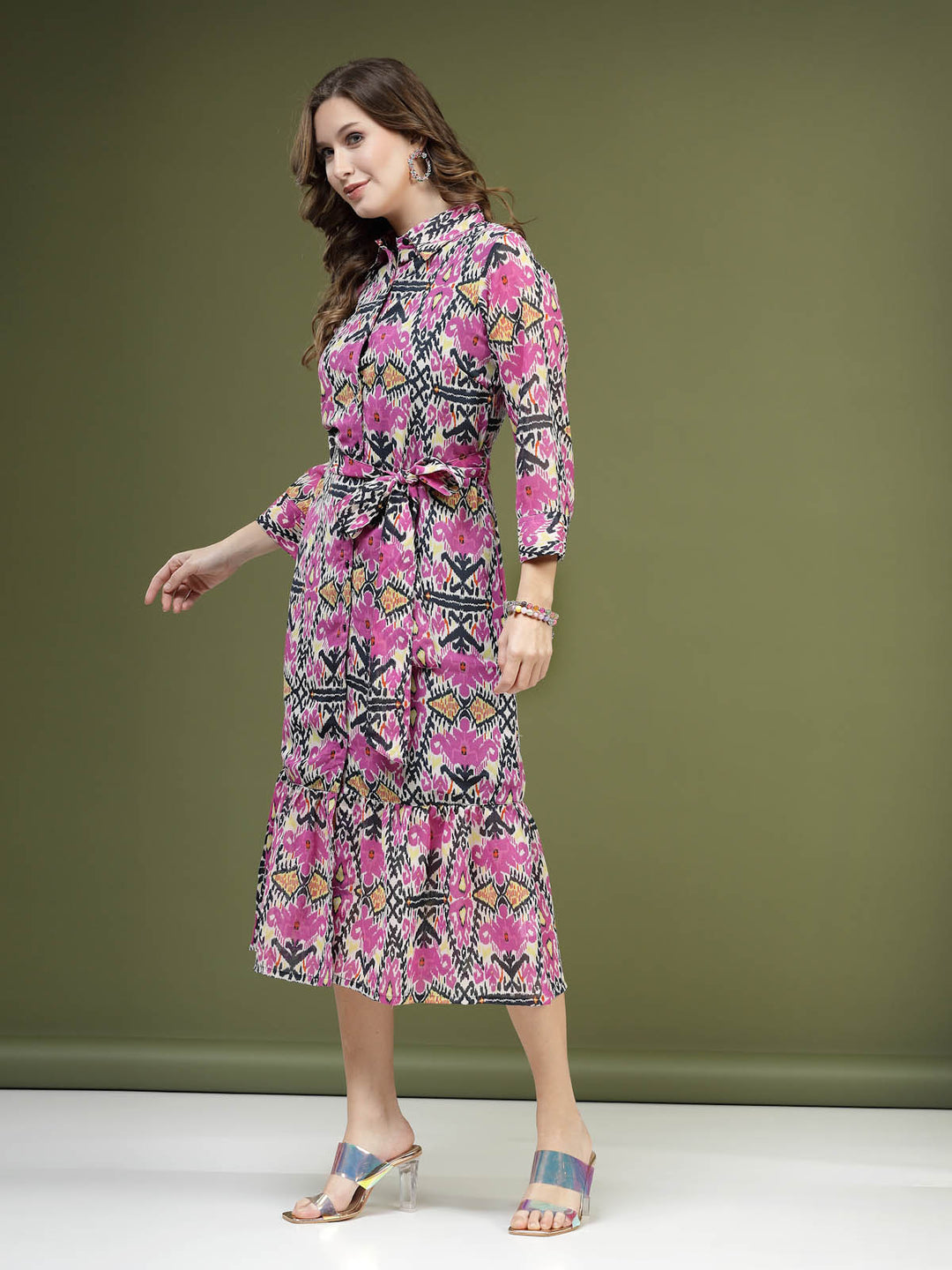 Violet Floral Printed Shirt Midi Dress