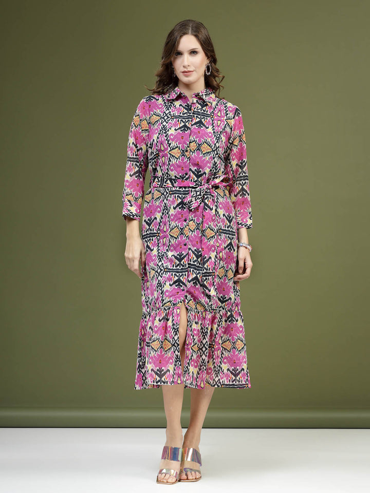 Violet Floral Printed Shirt Midi Dress