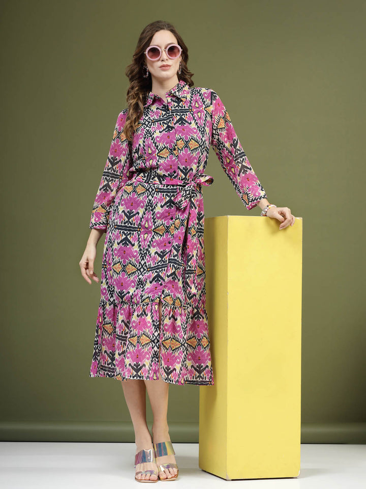 Violet Floral Printed Shirt Midi Dress