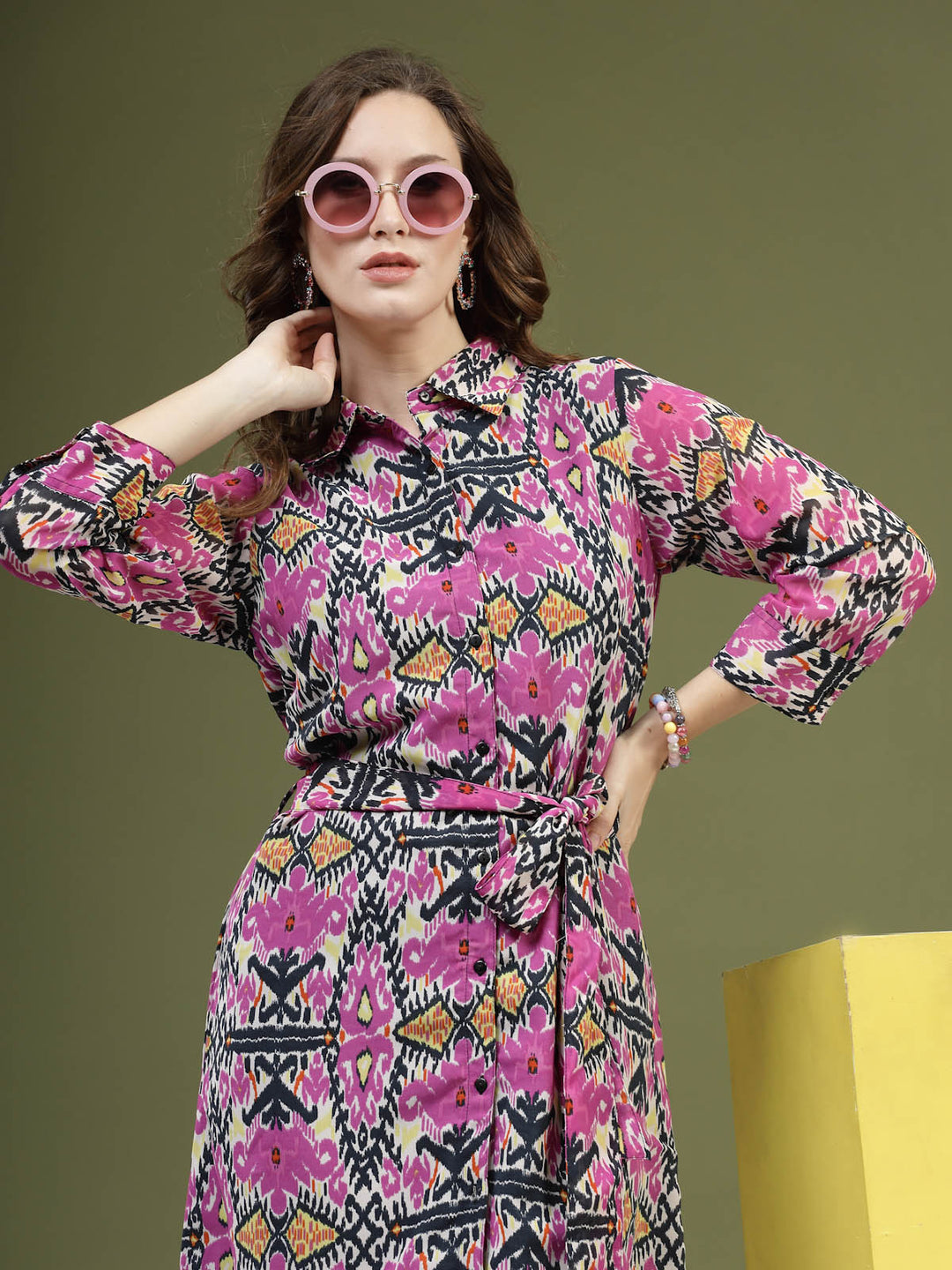 Violet Floral Printed Shirt Midi Dress