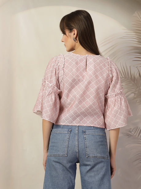 Checked Bell Sleeve Cotton Top