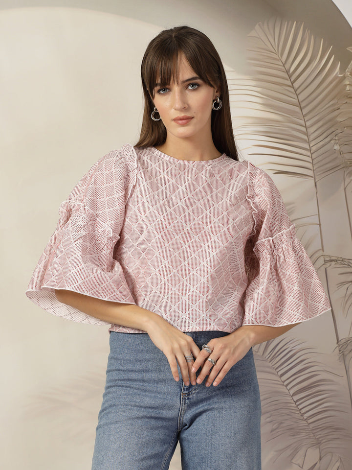 Checked Bell Sleeve Cotton Top