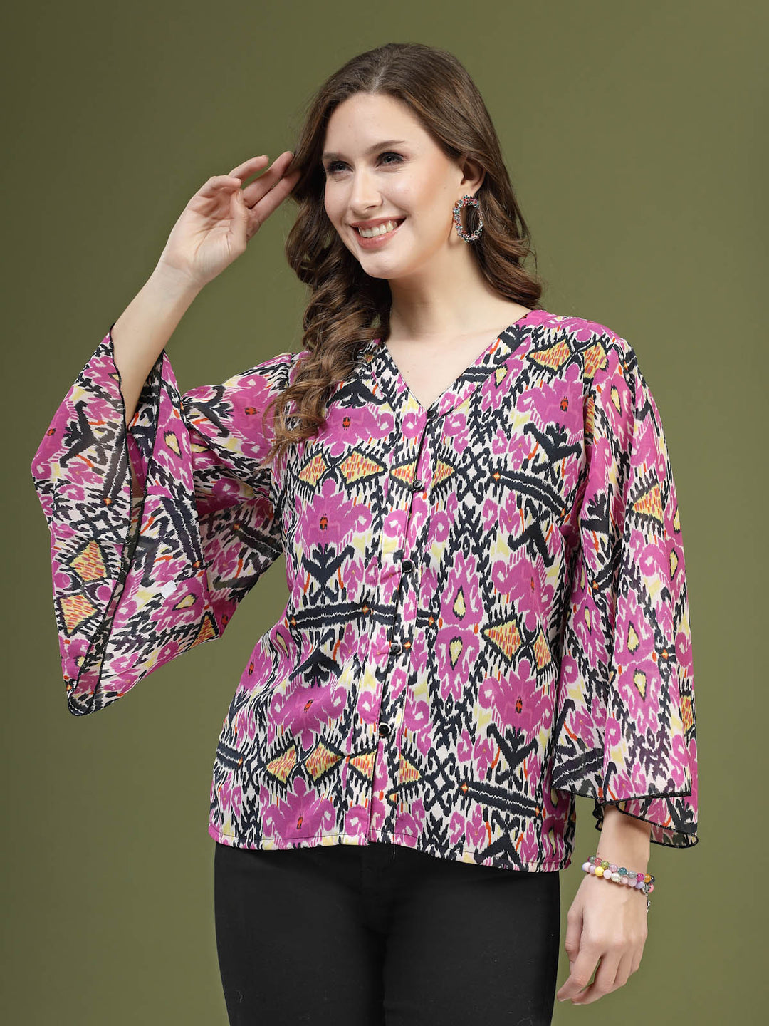 Violet  Black Ethnic Motifs Printed Shirt Style Top