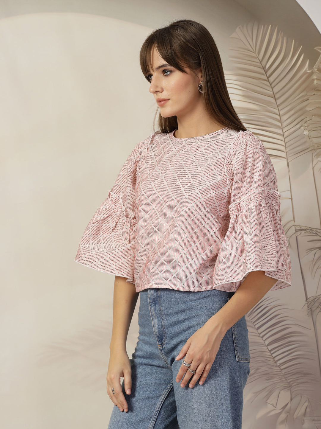 Checked Bell Sleeve Cotton Top