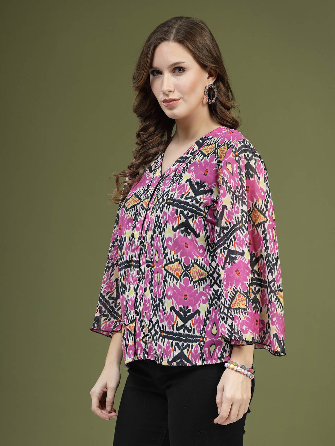 Violet  Black Ethnic Motifs Printed Shirt Style Top