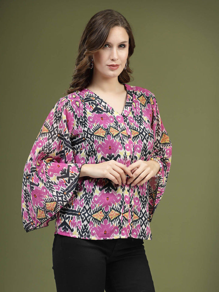 Violet  Black Ethnic Motifs Printed Shirt Style Top