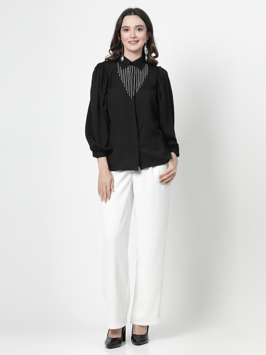 Spread Collar Puff Sleeves Party Shirt