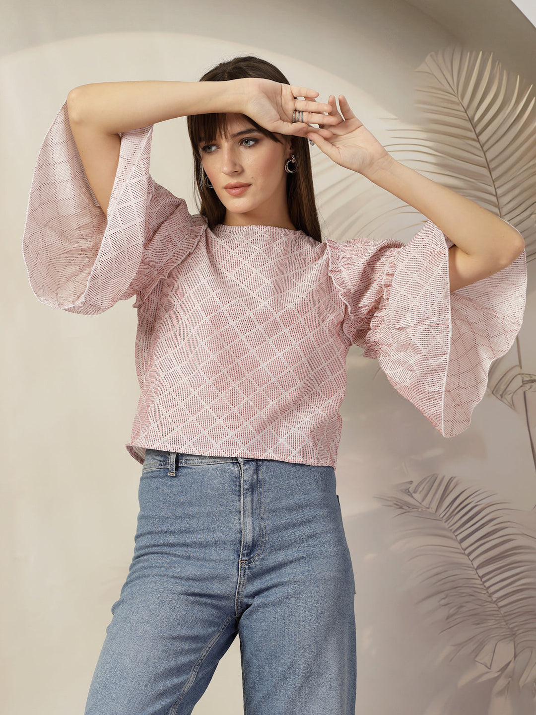 Checked Bell Sleeve Cotton Top