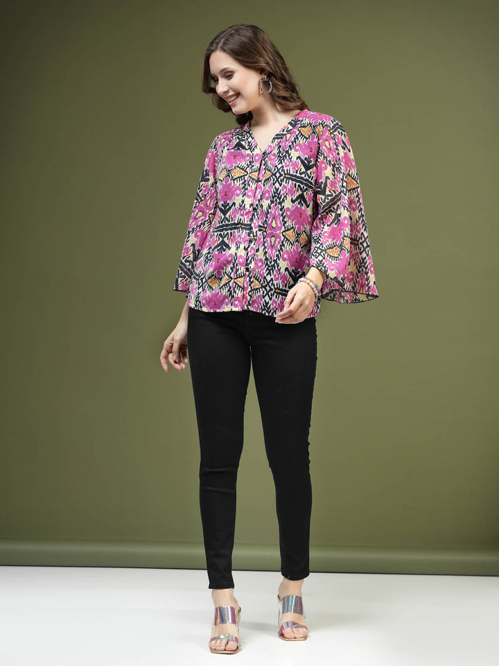 Violet  Black Ethnic Motifs Printed Shirt Style Top