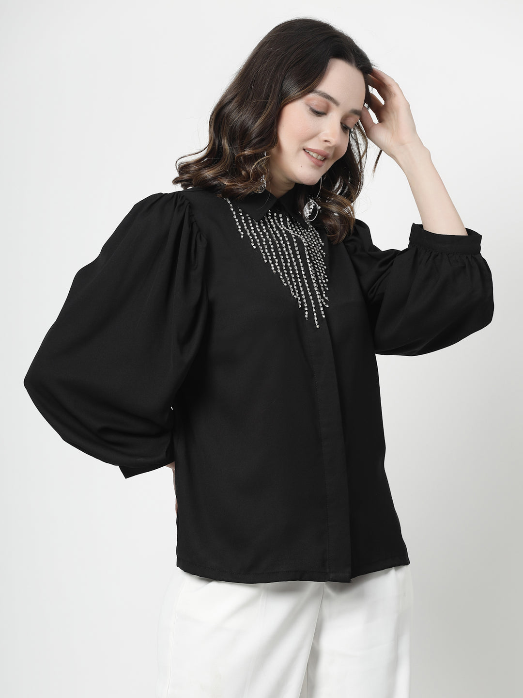 Spread Collar Puff Sleeves Party Shirt