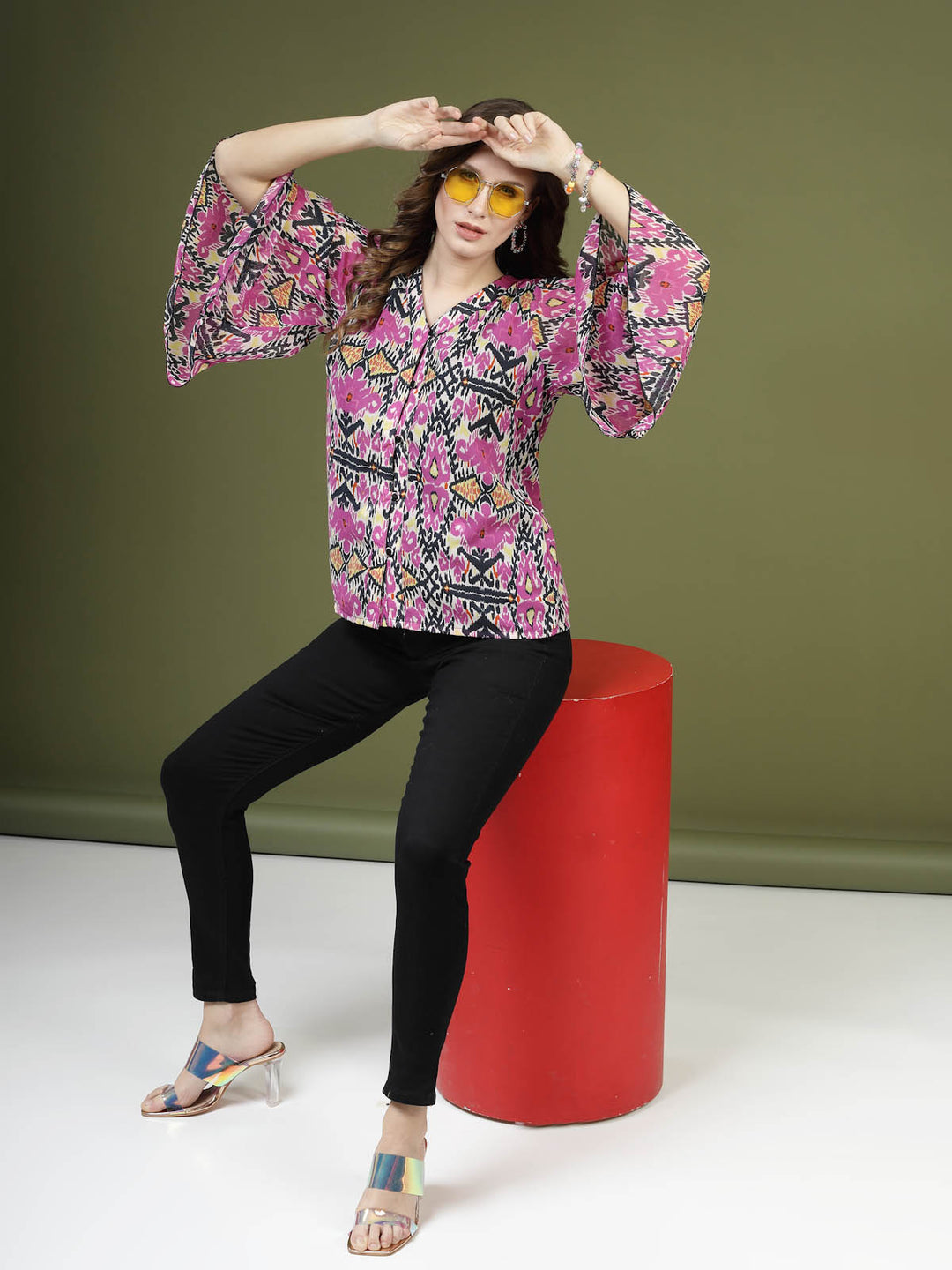 Violet  Black Ethnic Motifs Printed Shirt Style Top