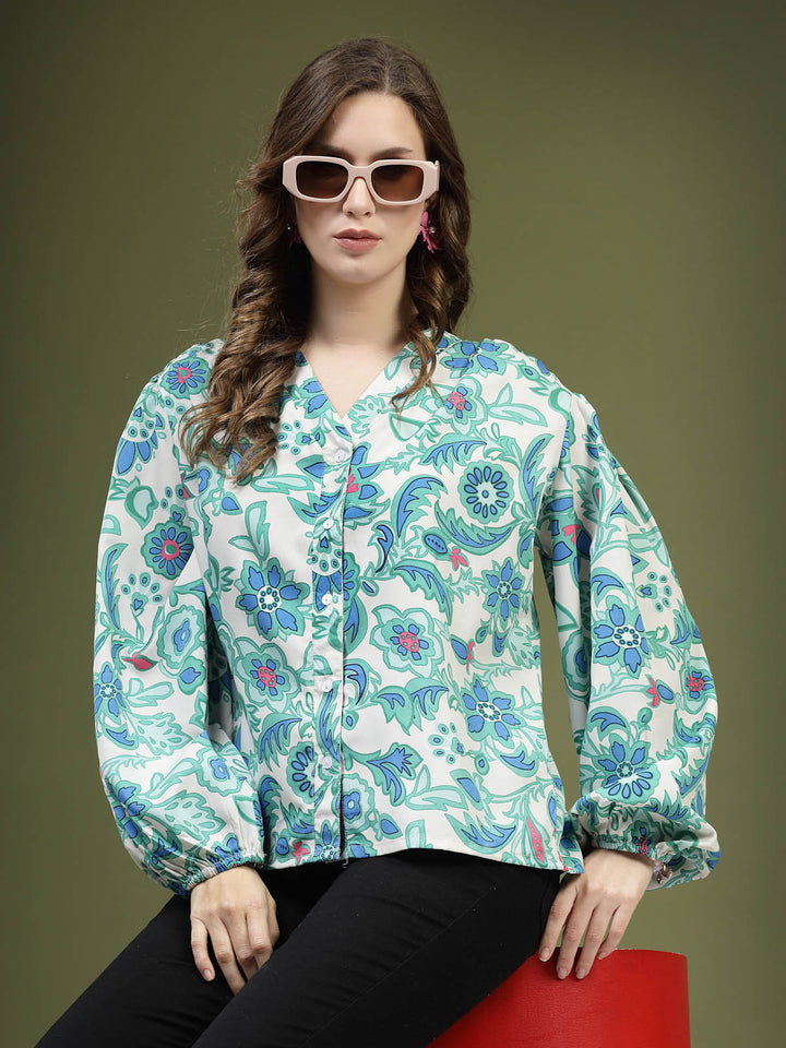 Green  White Floral Printed Shirt Style Top