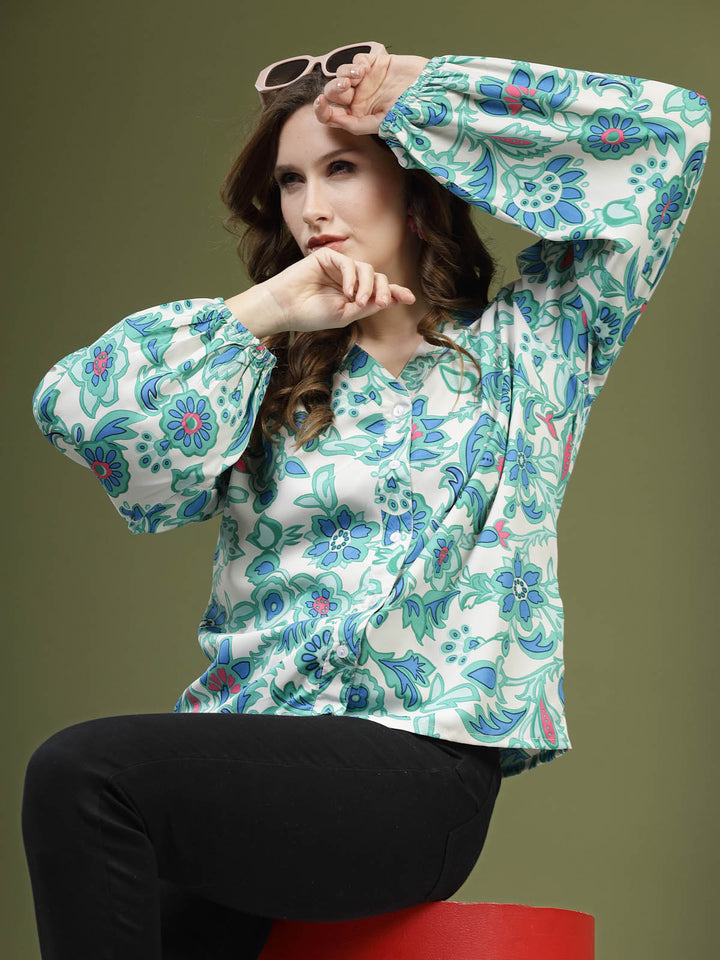 Green  White Floral Printed Shirt Style Top