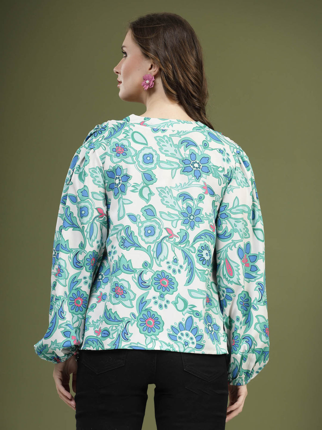 Green  White Floral Printed Shirt Style Top