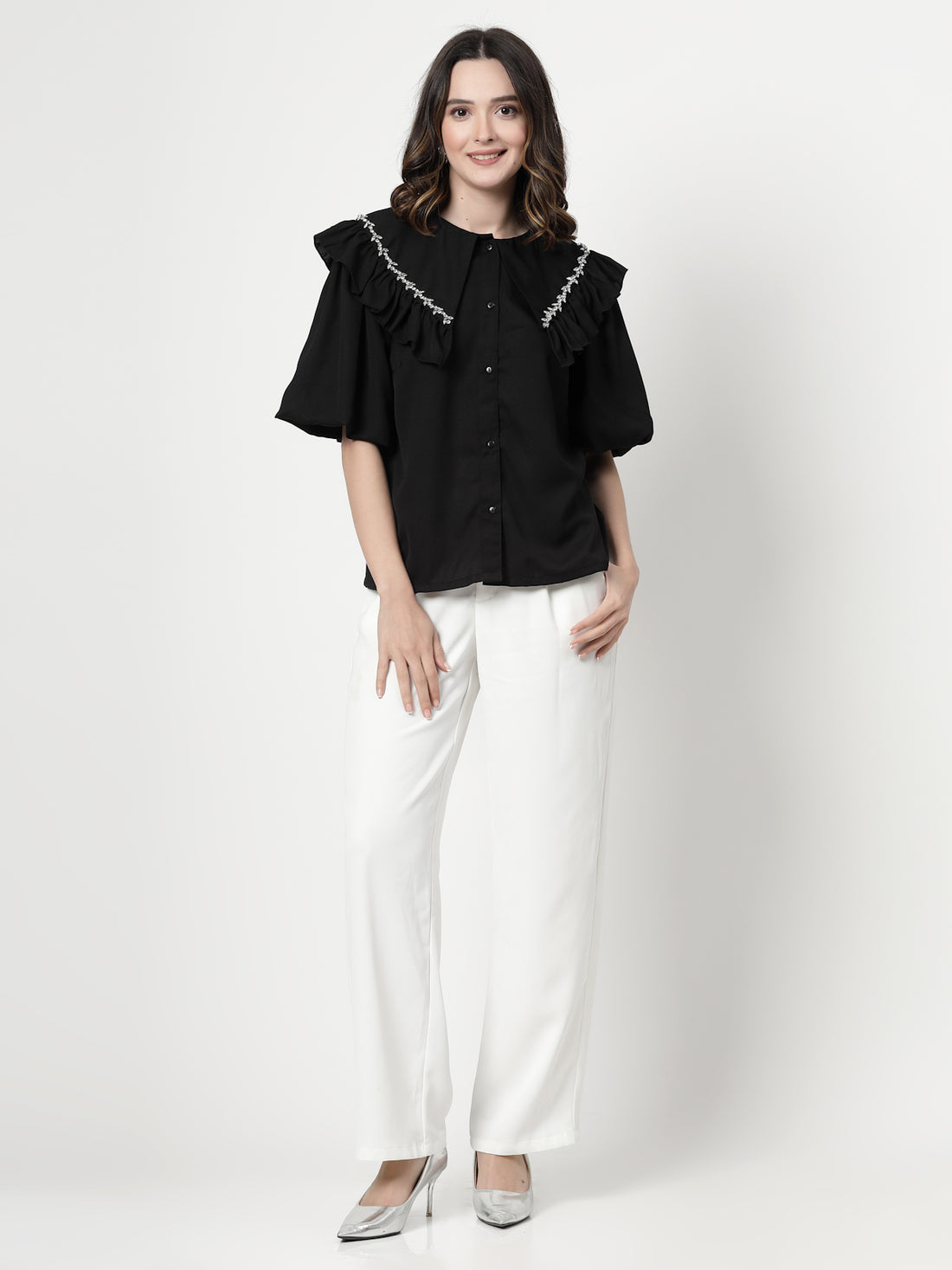 Embellished Peter Pan Collar Flared Sleeves Top