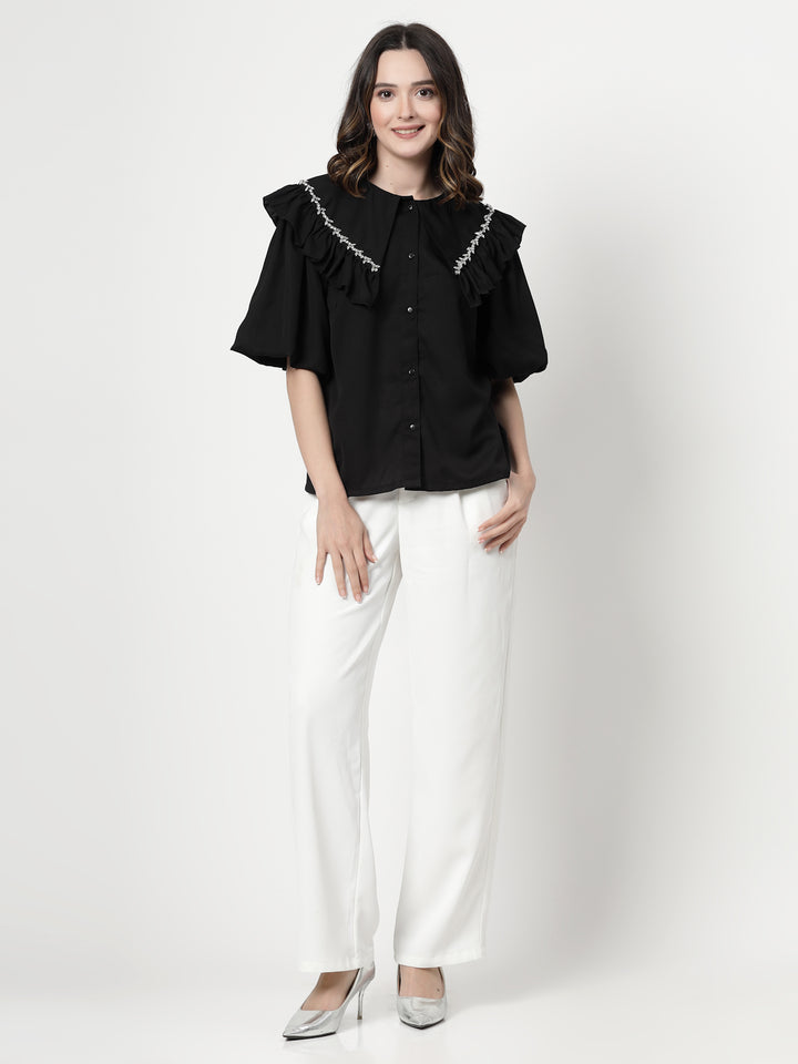 Embellished Peter Pan Collar Flared Sleeves Top