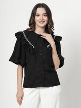 Embellished Peter Pan Collar Flared Sleeves Top