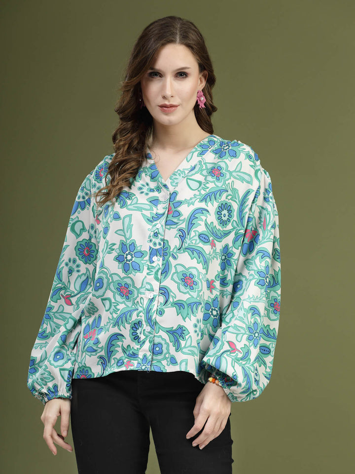 Green  White Floral Printed Shirt Style Top