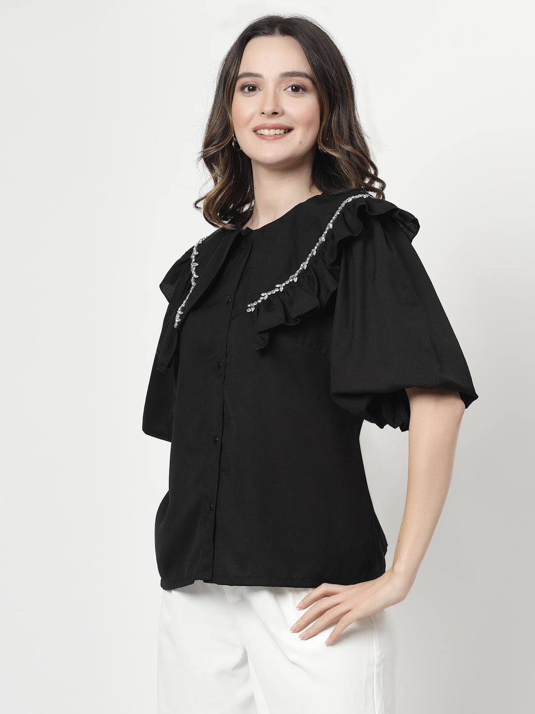 Embellished Peter Pan Collar Flared Sleeves Top