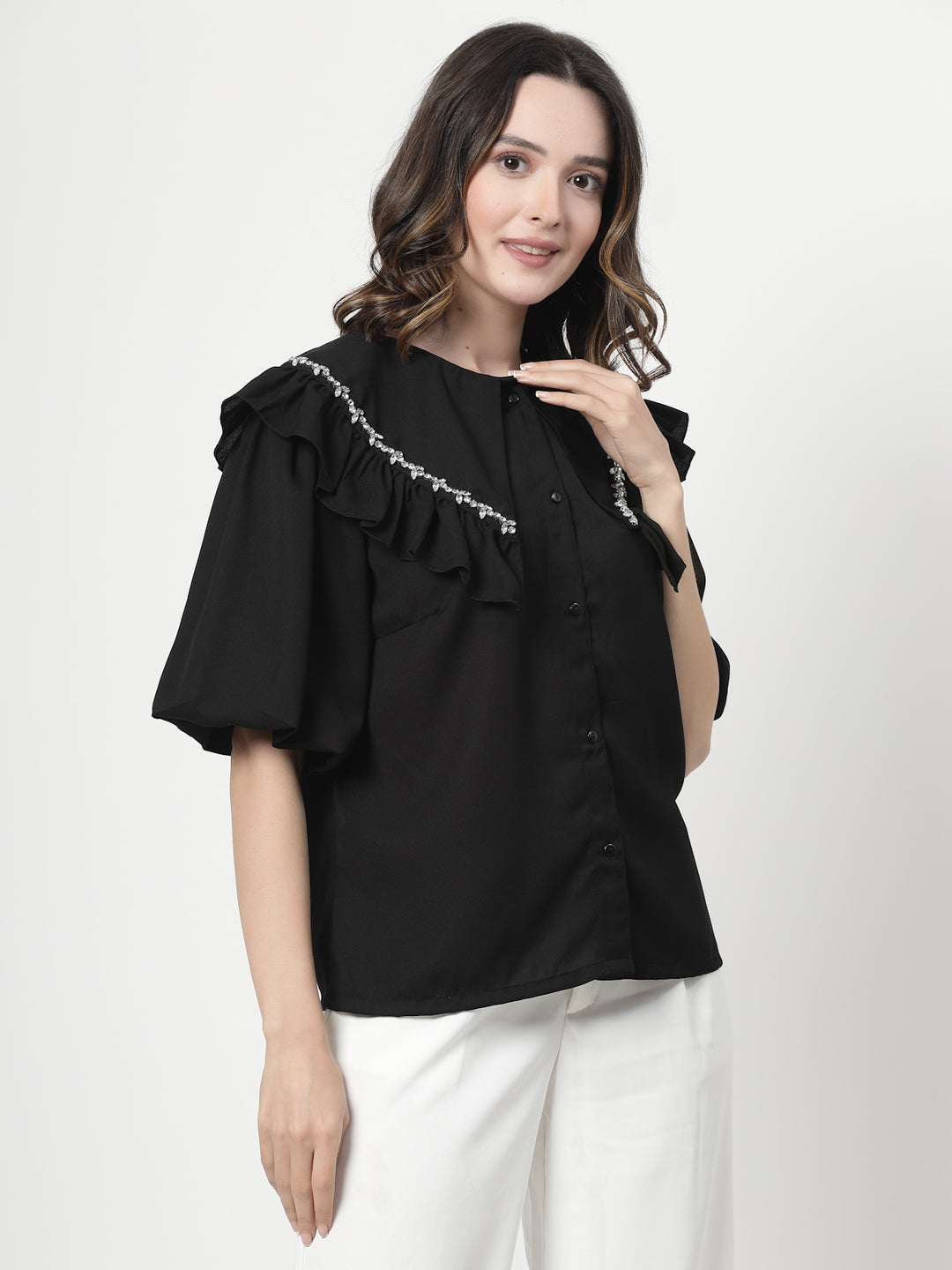 Embellished Peter Pan Collar Flared Sleeves Top