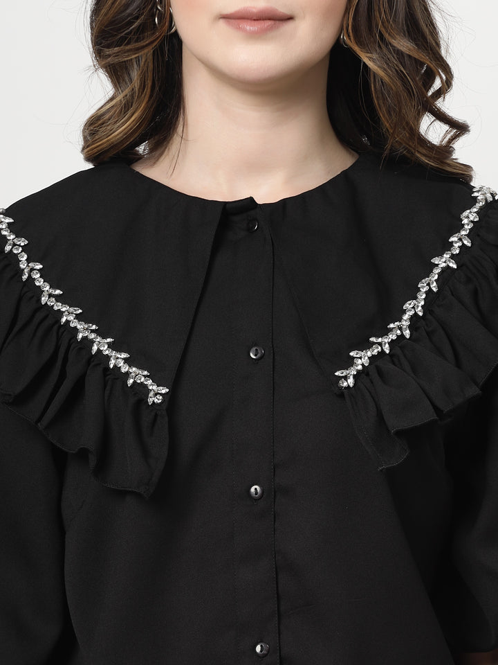 Embellished Peter Pan Collar Flared Sleeves Top