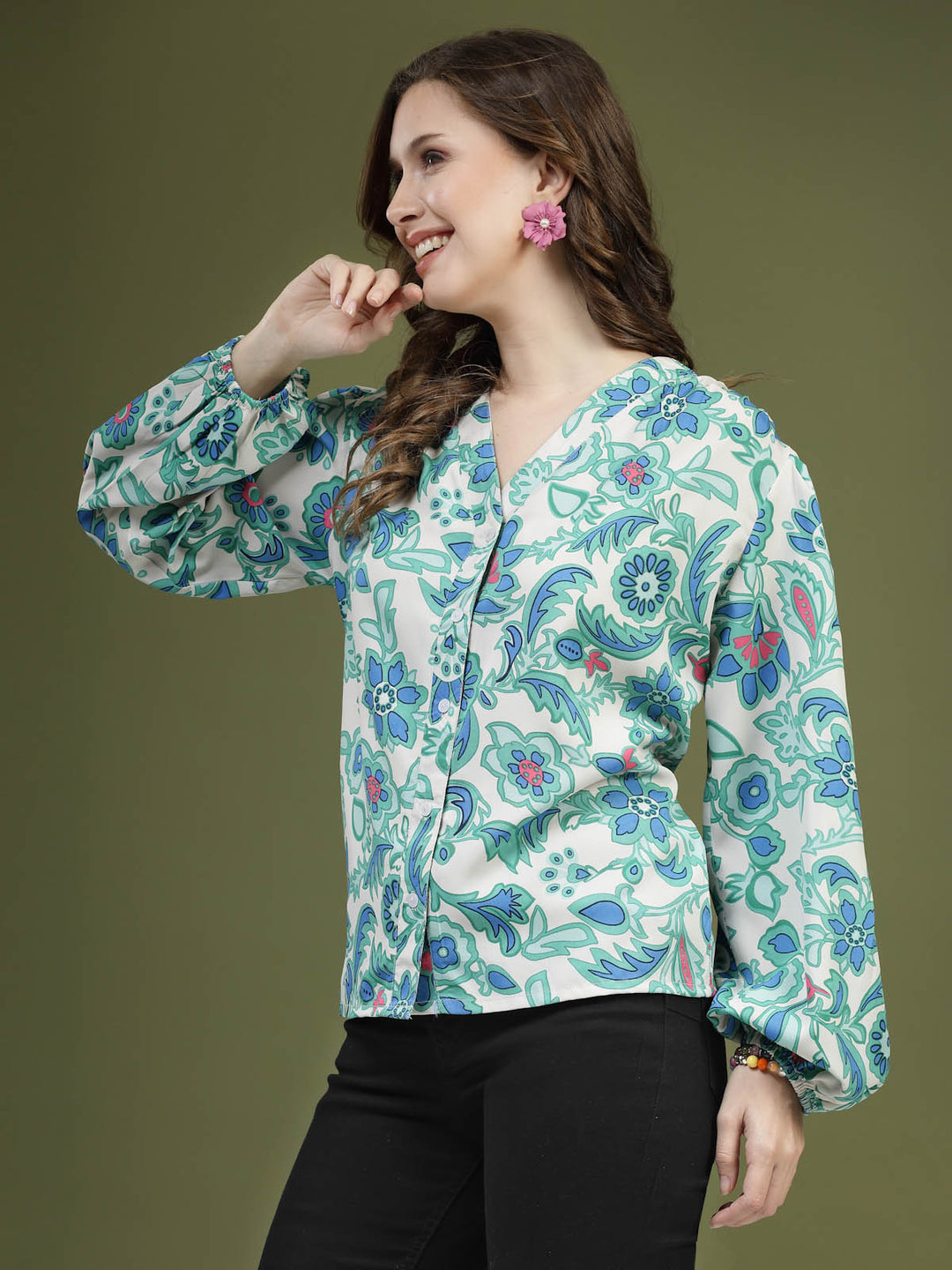 Green  White Floral Printed Shirt Style Top