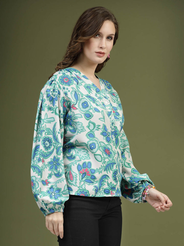 Green  White Floral Printed Shirt Style Top