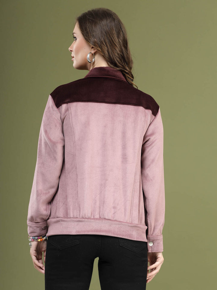 Pink Self Design Spread Collar Bomber Jacket