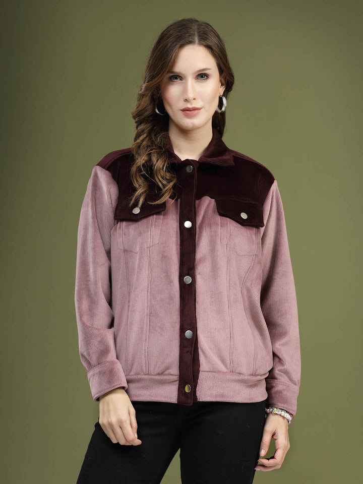 Pink Self Design Spread Collar Bomber Jacket