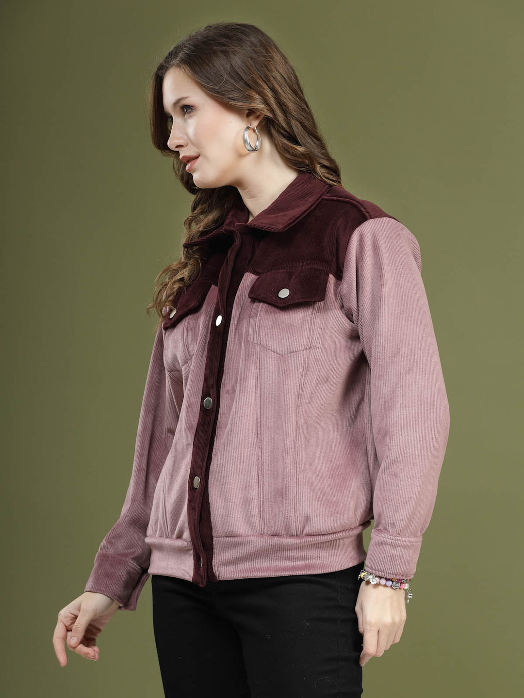 Pink Self Design Spread Collar Bomber Jacket